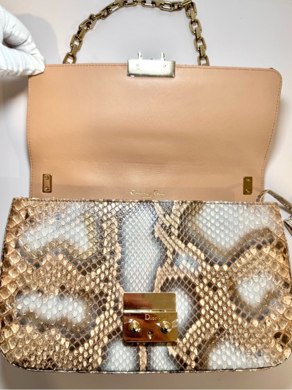 Christian Dior Perle Bronze Python Miss Dior Medium Flap Bag W Gold Chain Strap - Picture 14 of 16